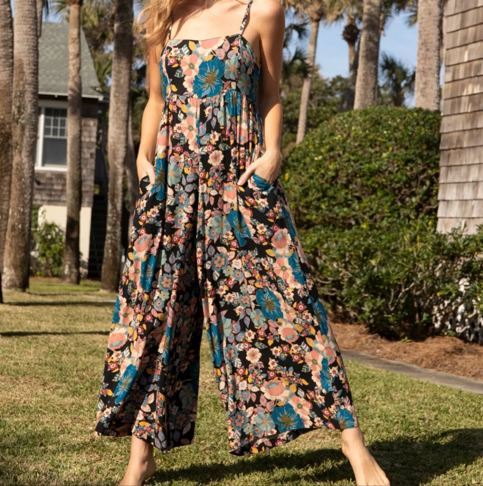NATURAL LIFE Green Blue Sleeveless Floral Jumpsuit